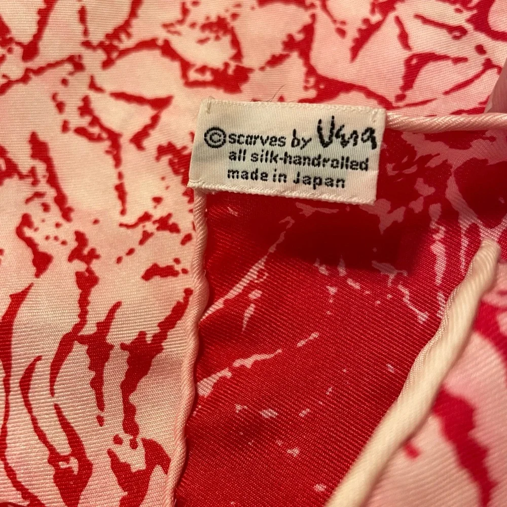 Vtg VERA NEUMANN 1960s Silk Scarf Ladybug Signed Abstract Marble Red Pink Japan